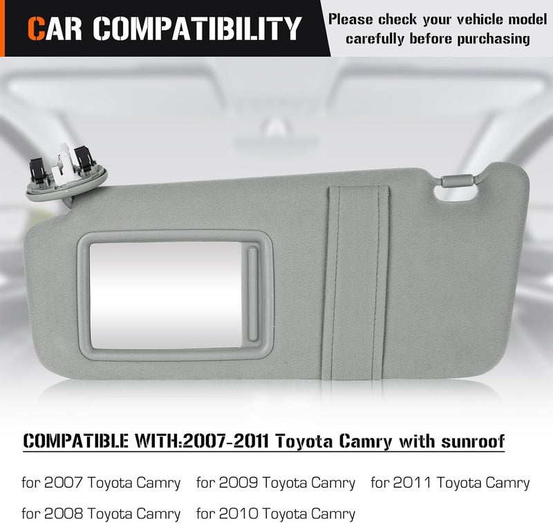 AEagle Left & Right Sun Visor with Light for Toyota Camry 2007-2011 with Sunroof, Driver & Passenger Side Gray Sunvisor Replace 74320-06800-B0 74310-06800-B0 - Image 3